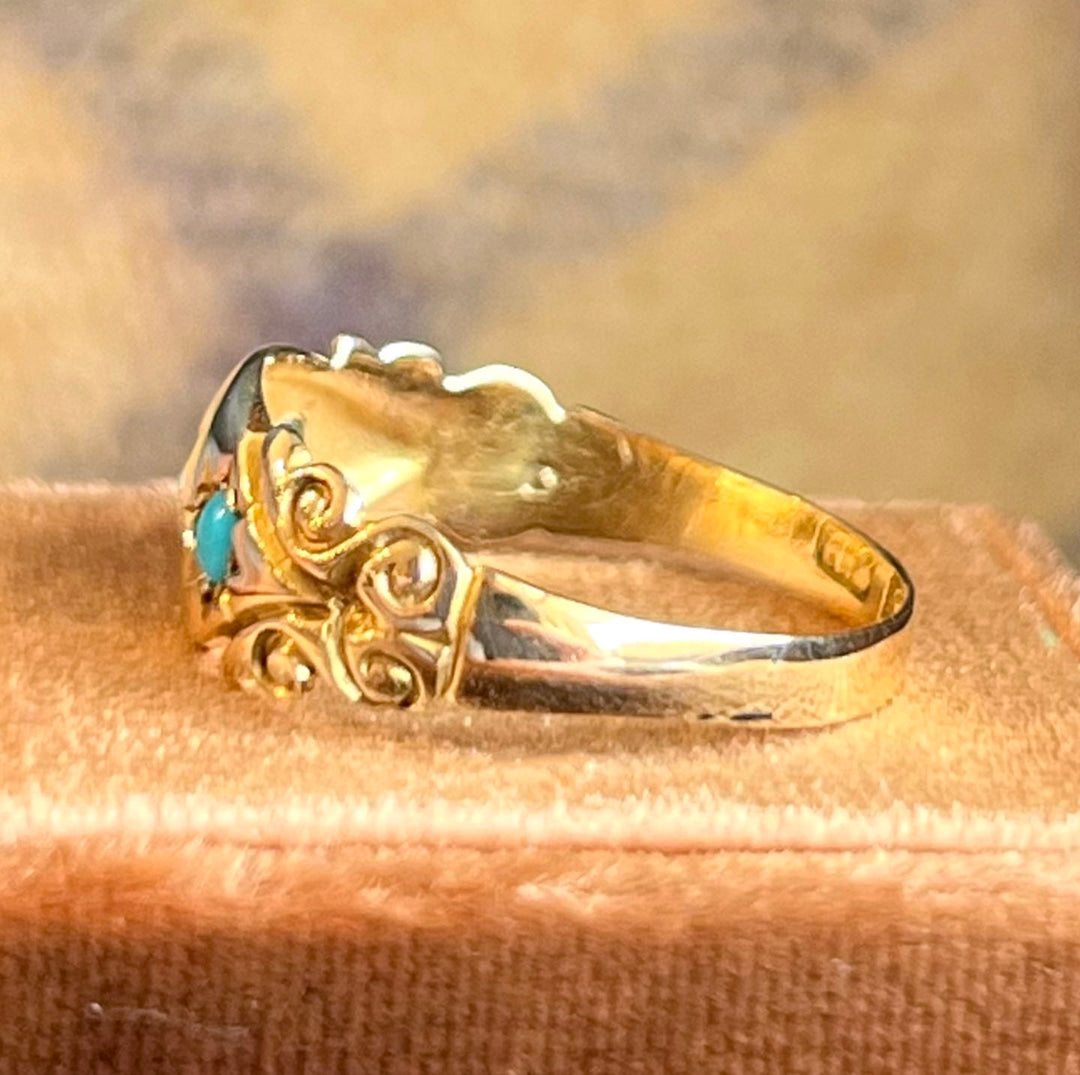 Antique Edwardian Ring Gold Star Set Turquoise & Diamond, Birmingham 1907
