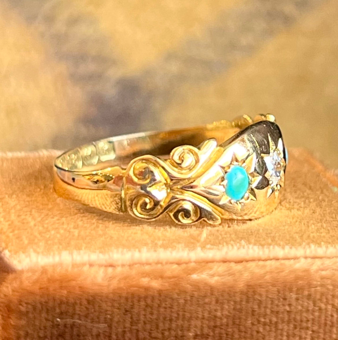 Antique Edwardian Ring Gold Star Set Turquoise & Diamond, Birmingham 1907