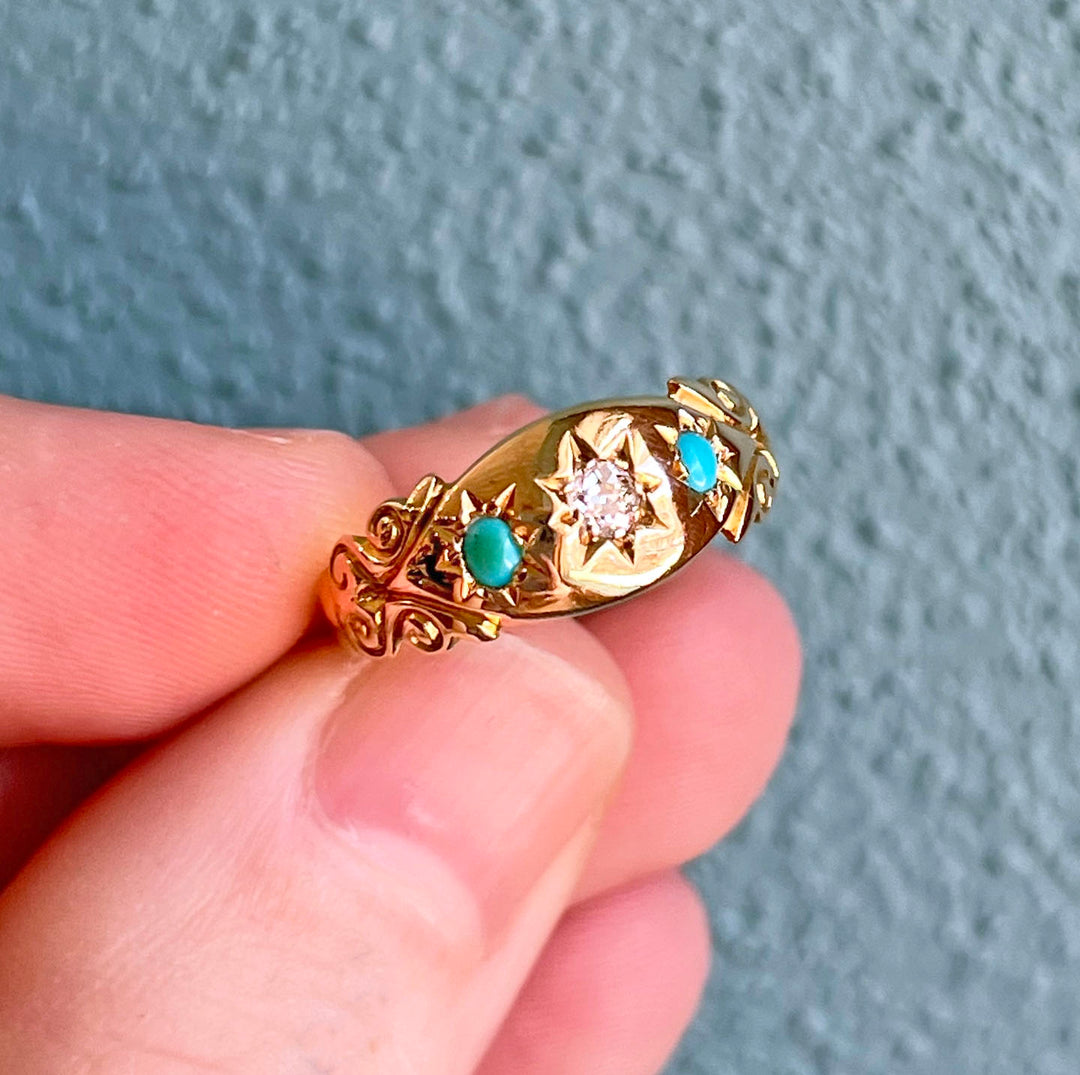 Antique Edwardian Ring Gold Star Set Turquoise & Diamond, Birmingham 1907