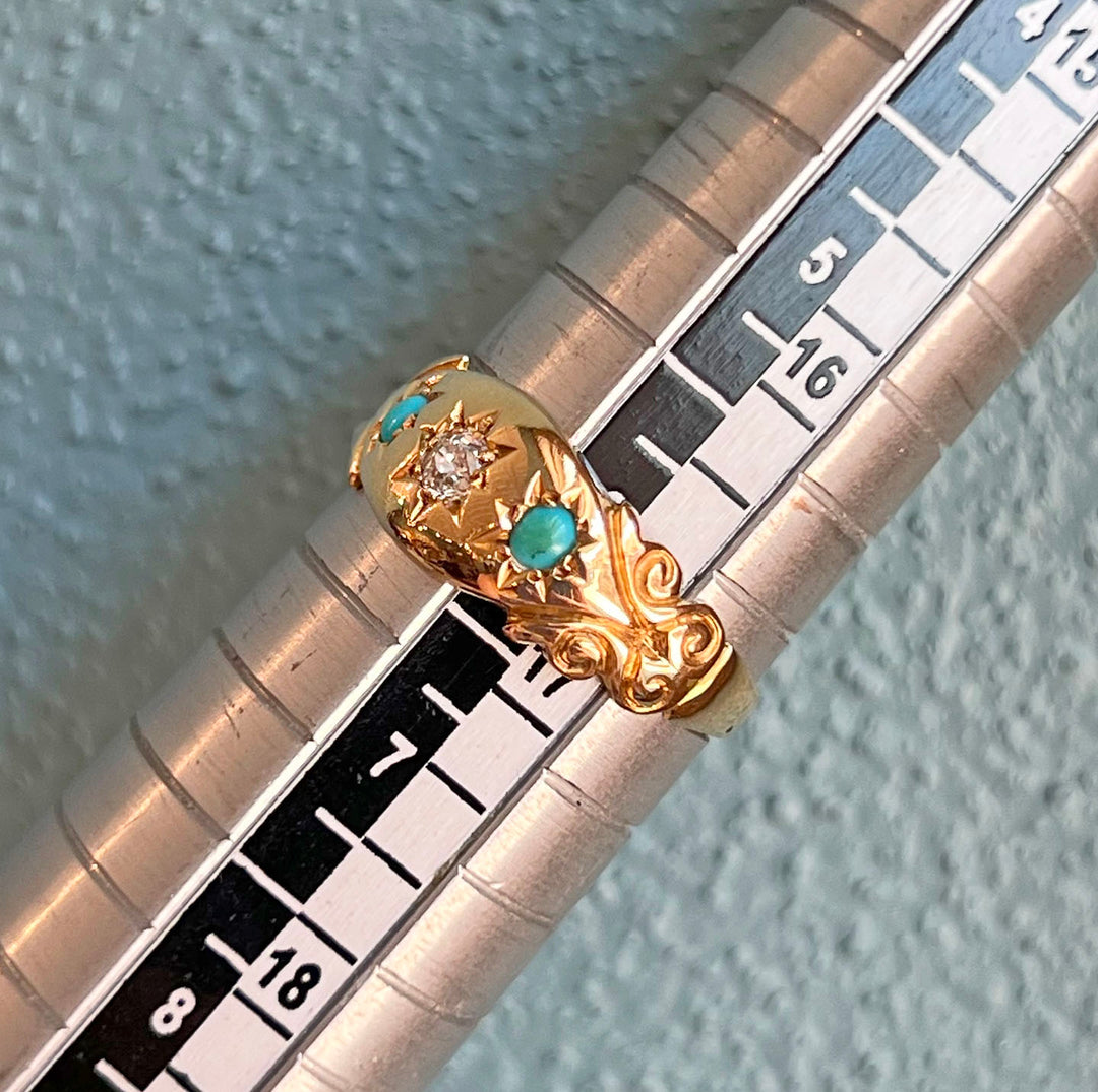 Antique Edwardian Ring Gold Star Set Turquoise & Diamond, Birmingham 1907