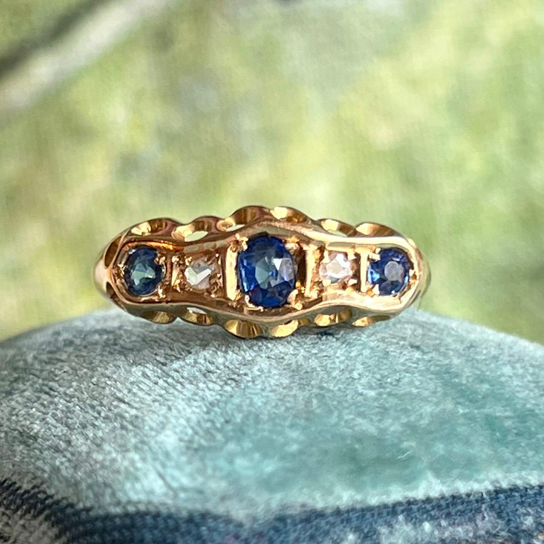Antique Edwardian Sapphire Diamond 18k Gold Ring, Birmingham 1917