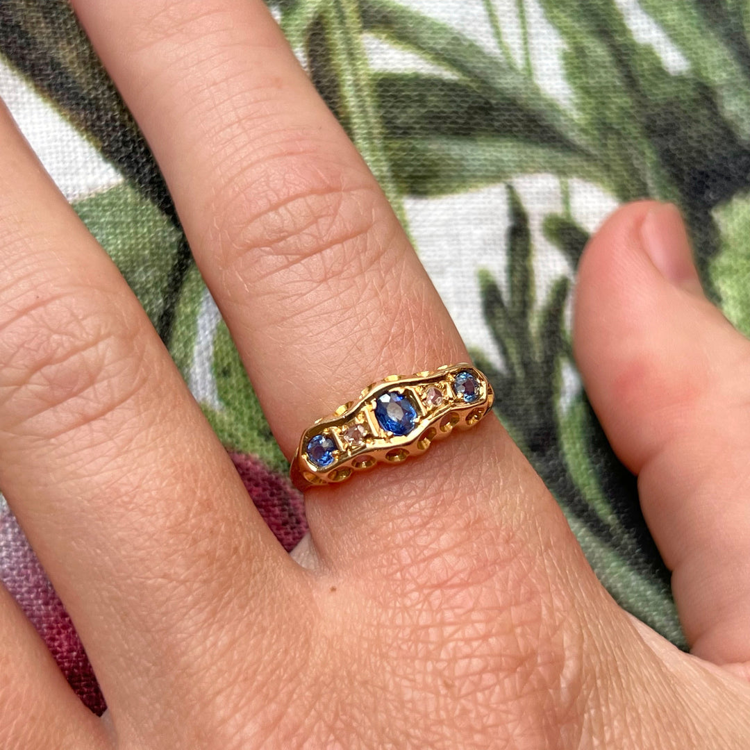 Antique Edwardian Sapphire Diamond 18k Gold Ring, Birmingham 1917
