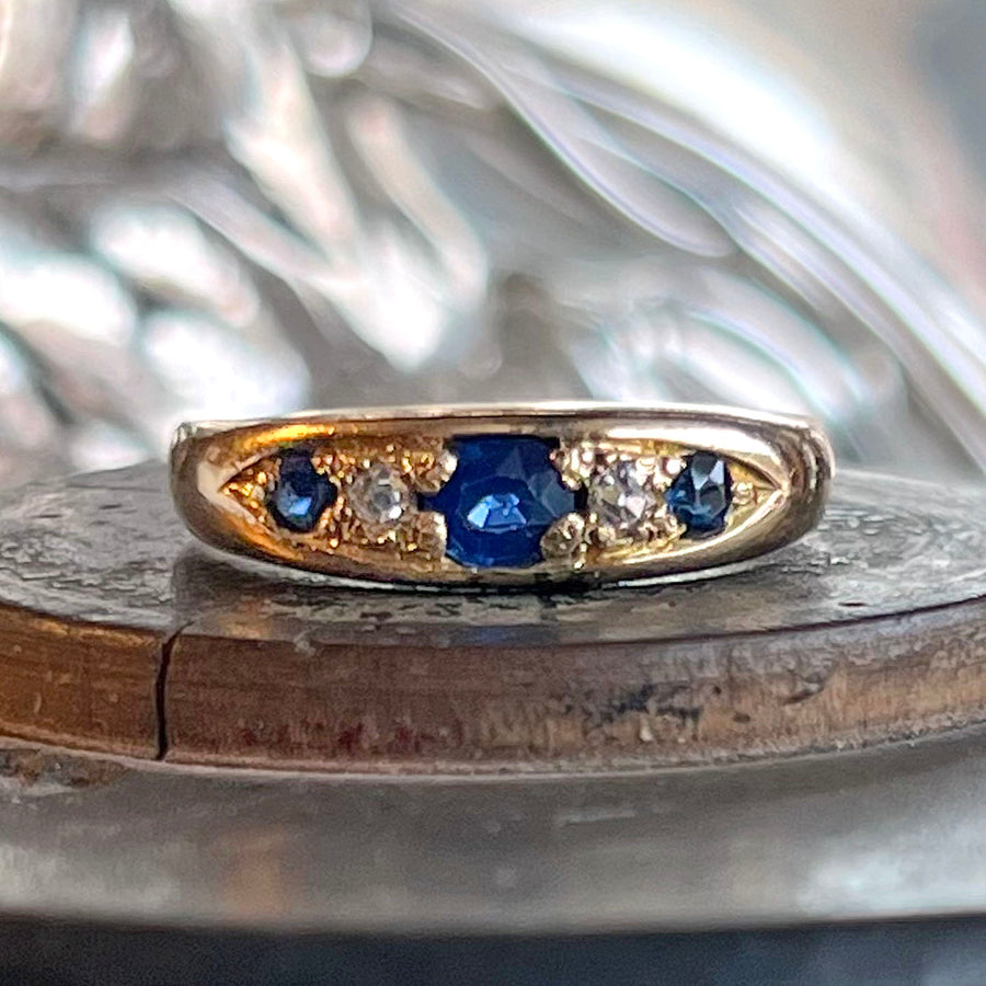 Antique Edwardian Sapphire Diamond 18k Gold Ring, Birmingham, Inscribed 1918