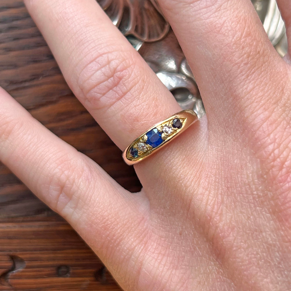 Antique Edwardian Sapphire Diamond 18k Gold Ring, Birmingham, Inscribed 1918