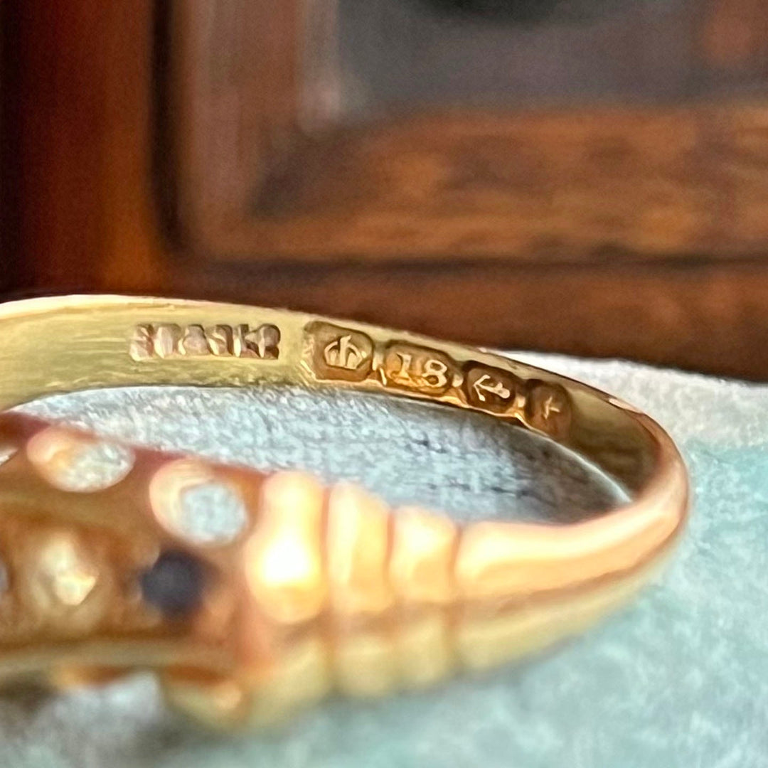 Antique Edwardian Sapphire Diamond Five Stone Ring in Gold, Birmingham 1918