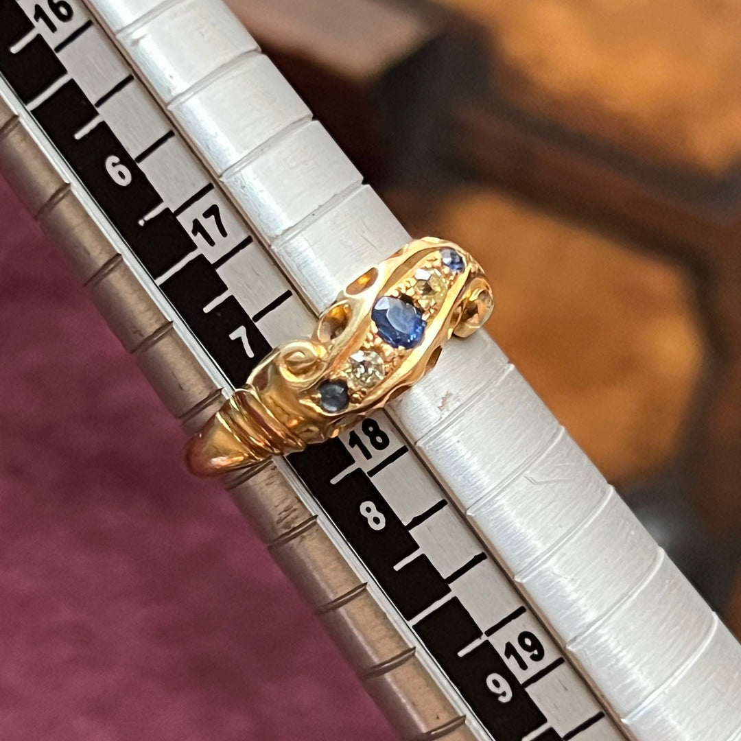 Antique Edwardian Sapphire Diamond Five Stone Ring in Gold, Birmingham 1918