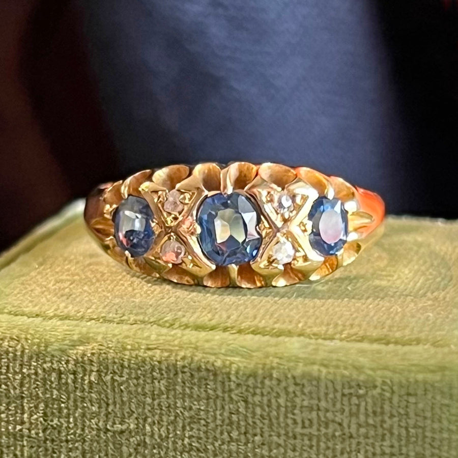 Antique Edwardian Sapphire Diamond Ring 18k Gold London 1900