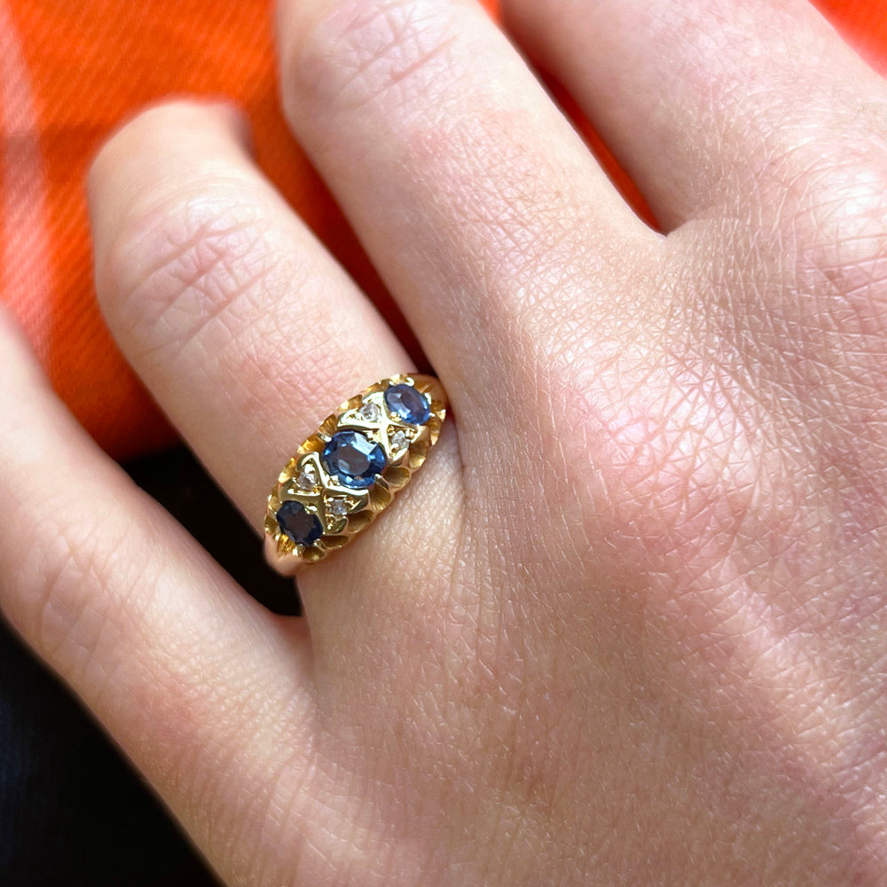 Antique Edwardian Sapphire Diamond Ring 18k Gold London 1900