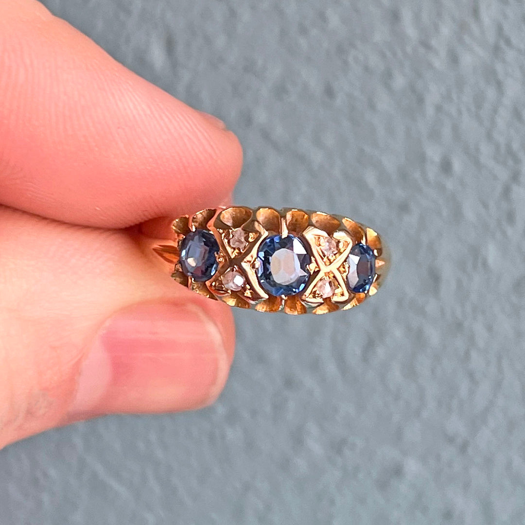 Antique Edwardian Sapphire Diamond Ring 18k Gold London 1900