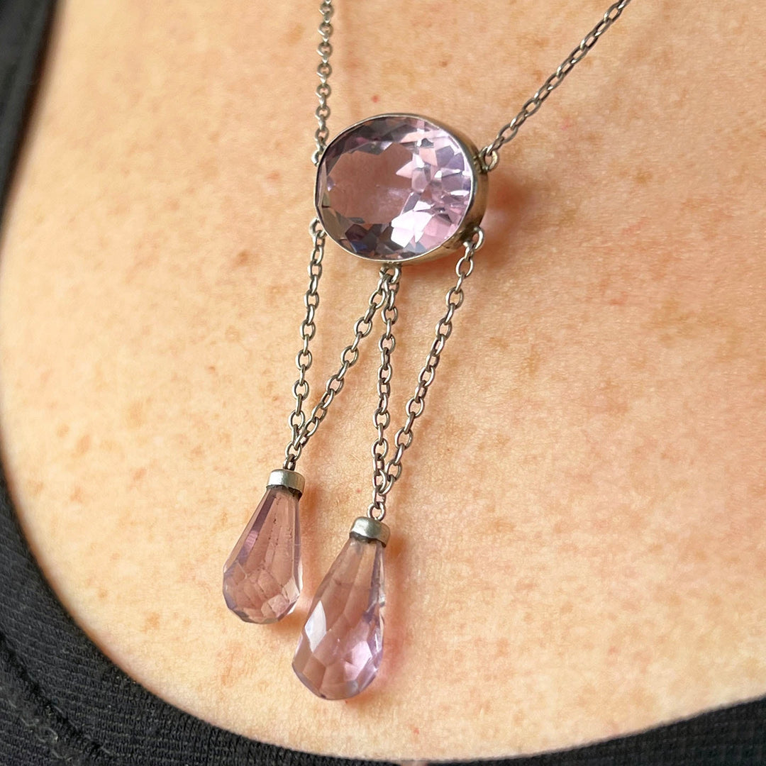 Edwardian amethyst necklace worn on neck antique style