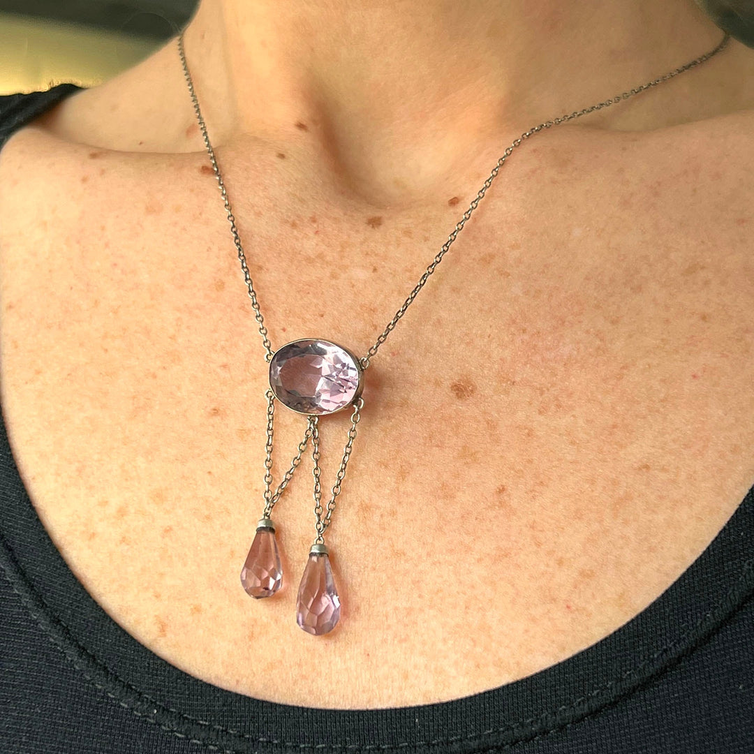 Edwardian amethyst necklace worn on neck antique style