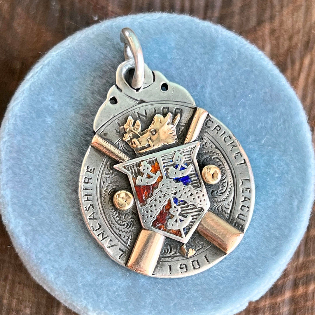 Antique Edwardian silver enamel cricket fob