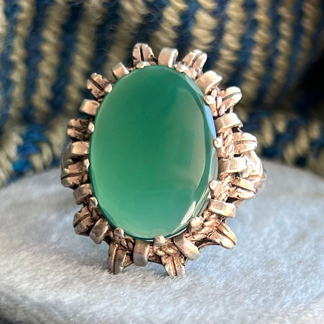 Antique Edwardian Silver Green Chalcedony Ring c. 1910
