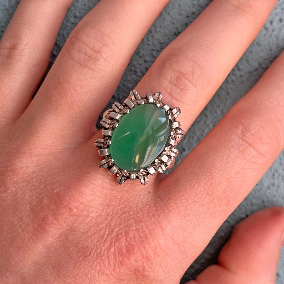 Antique Edwardian Silver Green Chalcedony Ring c. 1910
