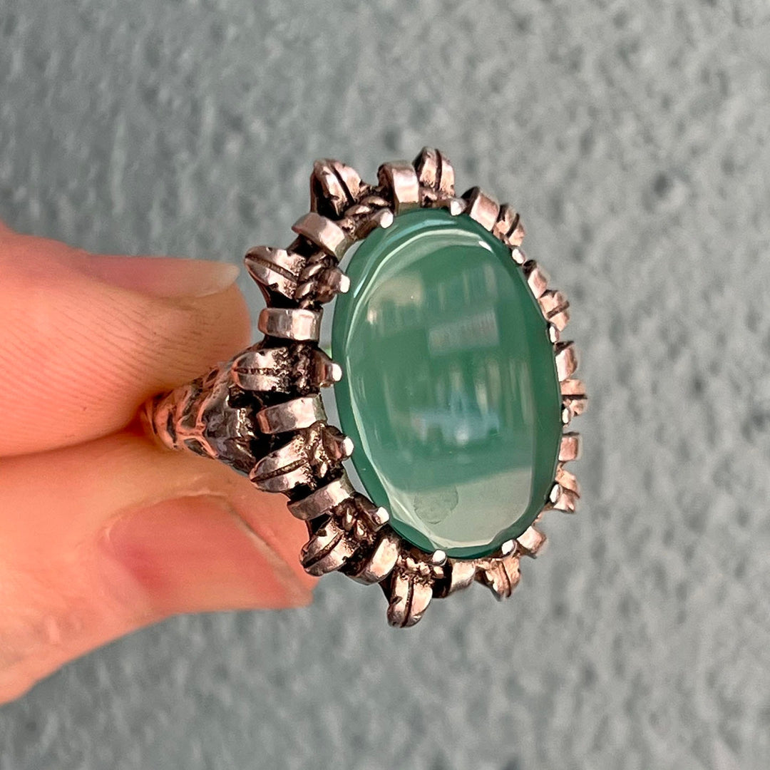Antique Edwardian Silver Green Chalcedony Ring c. 1910