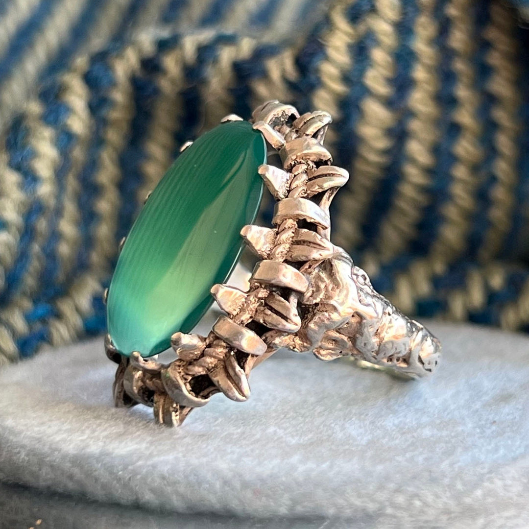 Antique Edwardian Silver Green Chalcedony Ring c. 1910