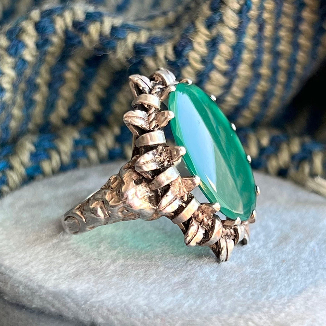 Antique Edwardian Silver Green Chalcedony Ring c. 1910