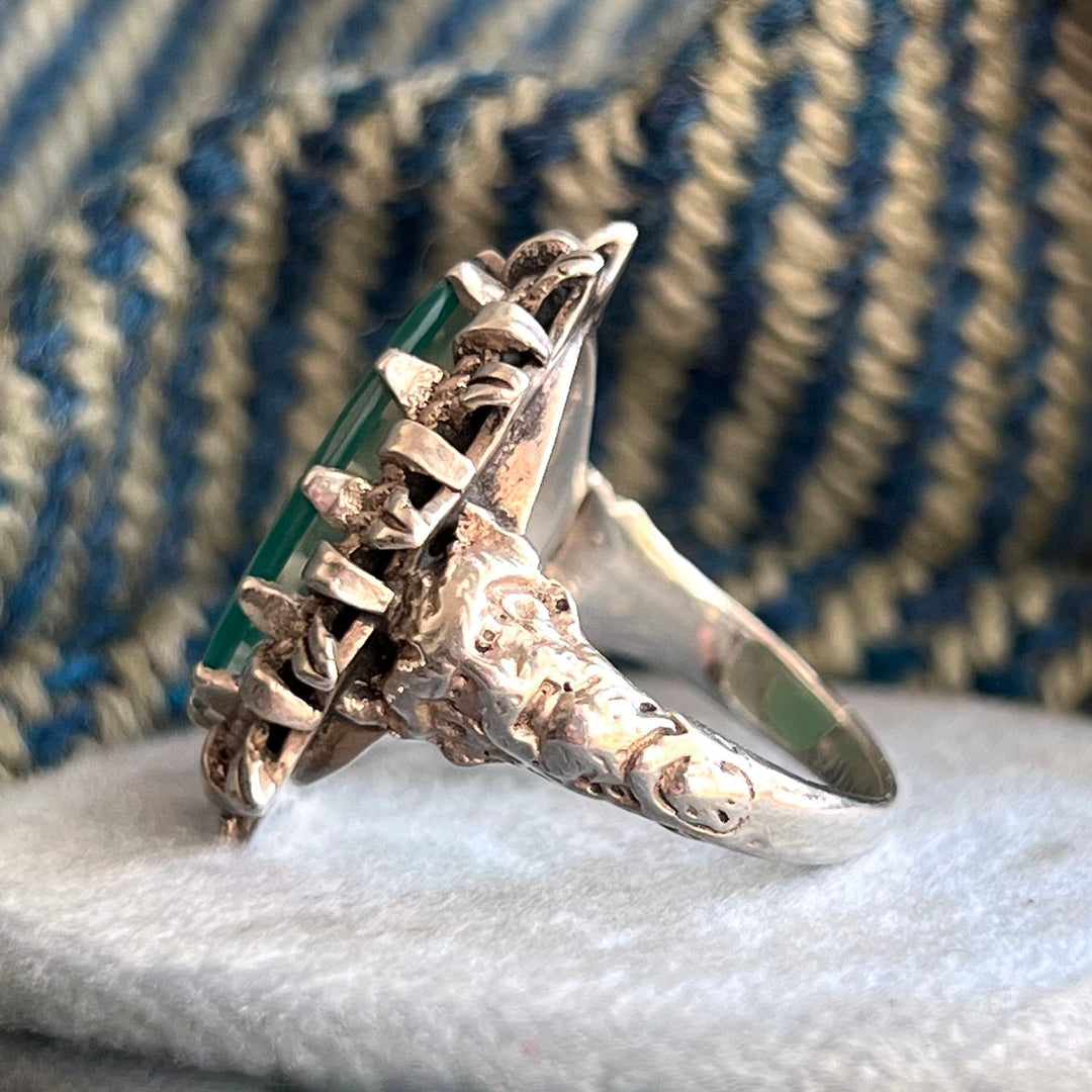 Antique Edwardian Silver Green Chalcedony Ring c. 1910