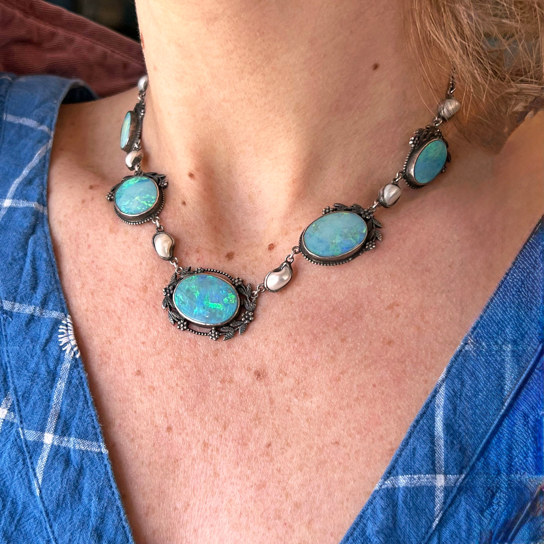 Antique Edwardian Silver Opal Pearl Necklace Silver c. 1910