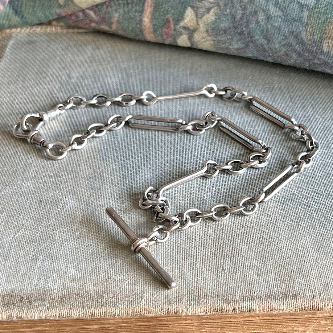 Antique Edwardian Silver Watch Chain with T-Bar, c. 1910