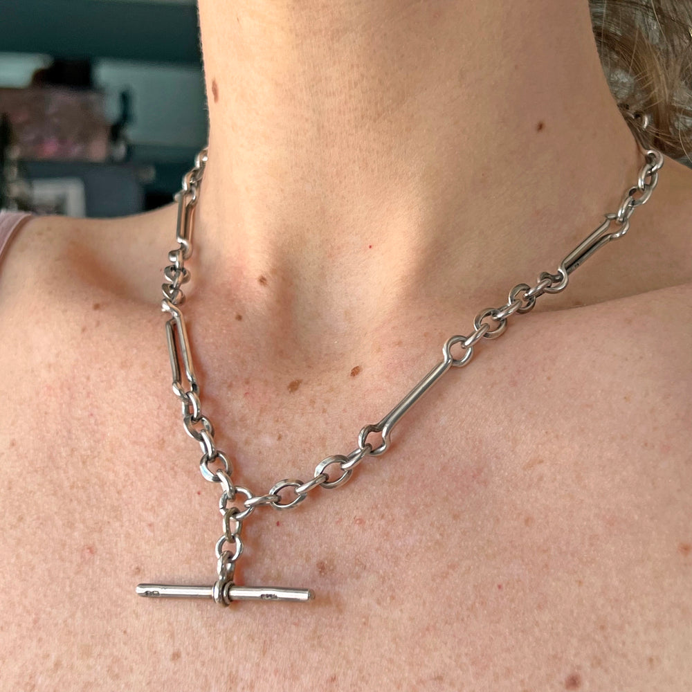Antique Edwardian Silver Watch Chain with T-Bar, c. 1910
