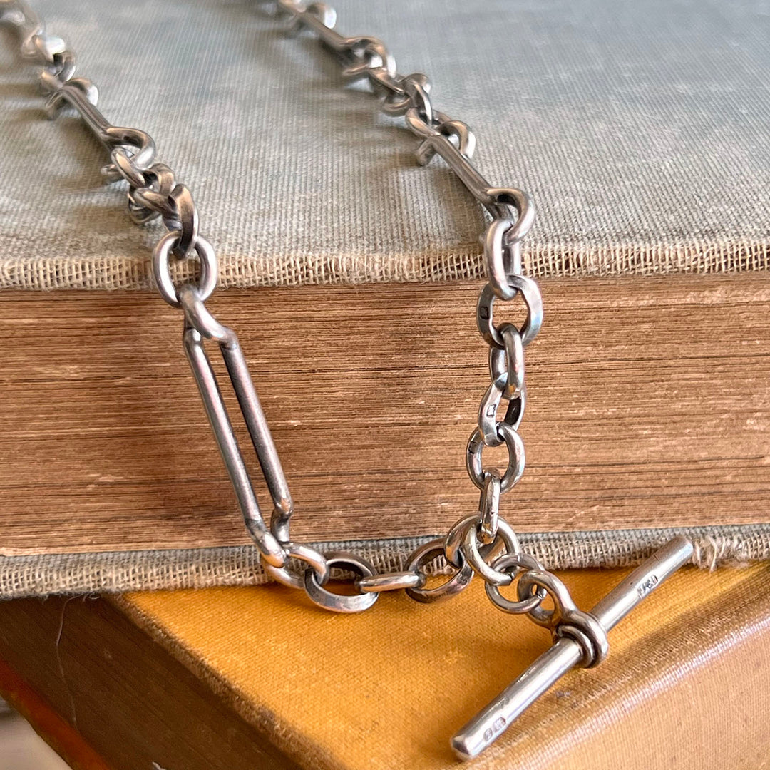 Antique Edwardian Silver Watch Chain with T-Bar, c. 1910