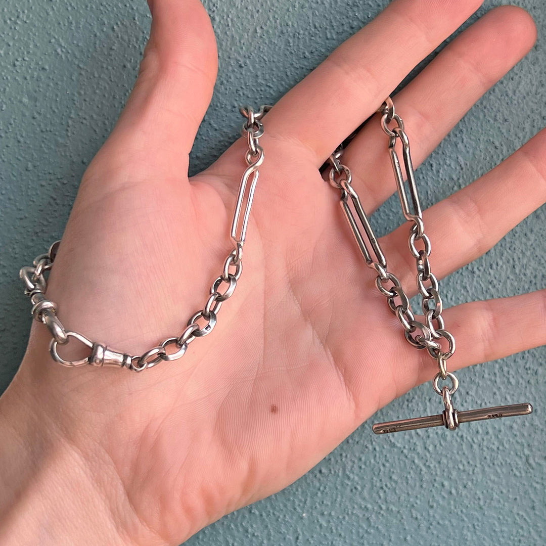 Antique Edwardian Silver Watch Chain with T-Bar, c. 1910