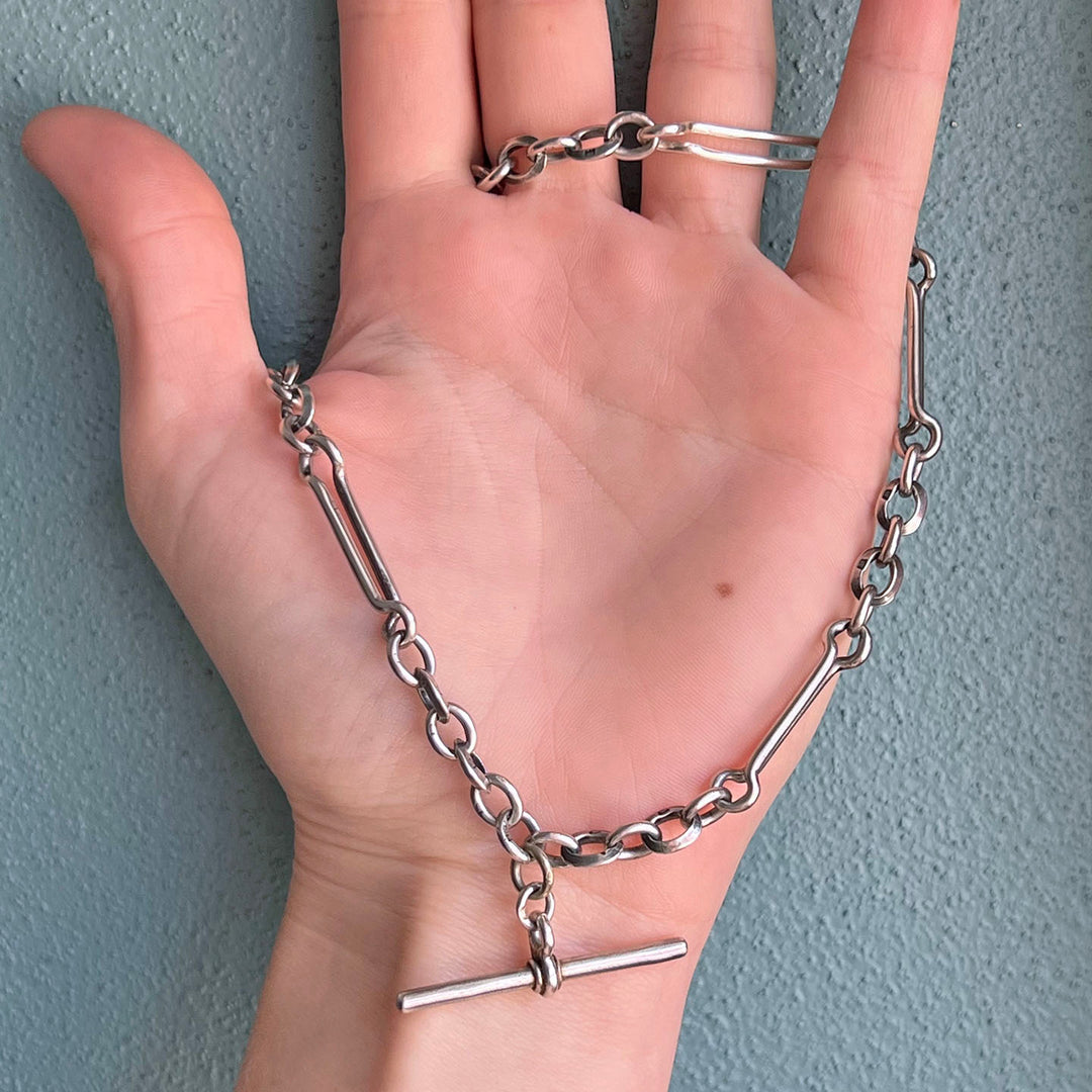 Antique Edwardian Silver Watch Chain with T-Bar, c. 1910
