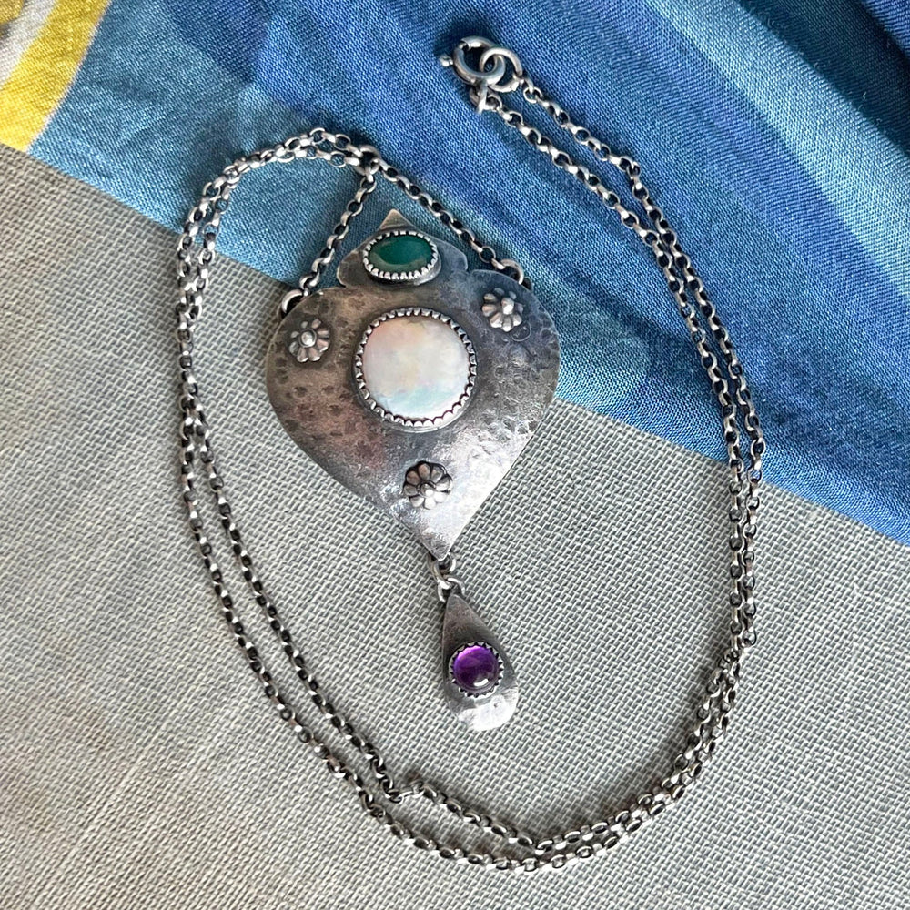 Antique Edwardian Suffragette Drop Necklace Silver Emerald Amethyst & Mother of Pearl, c.1910