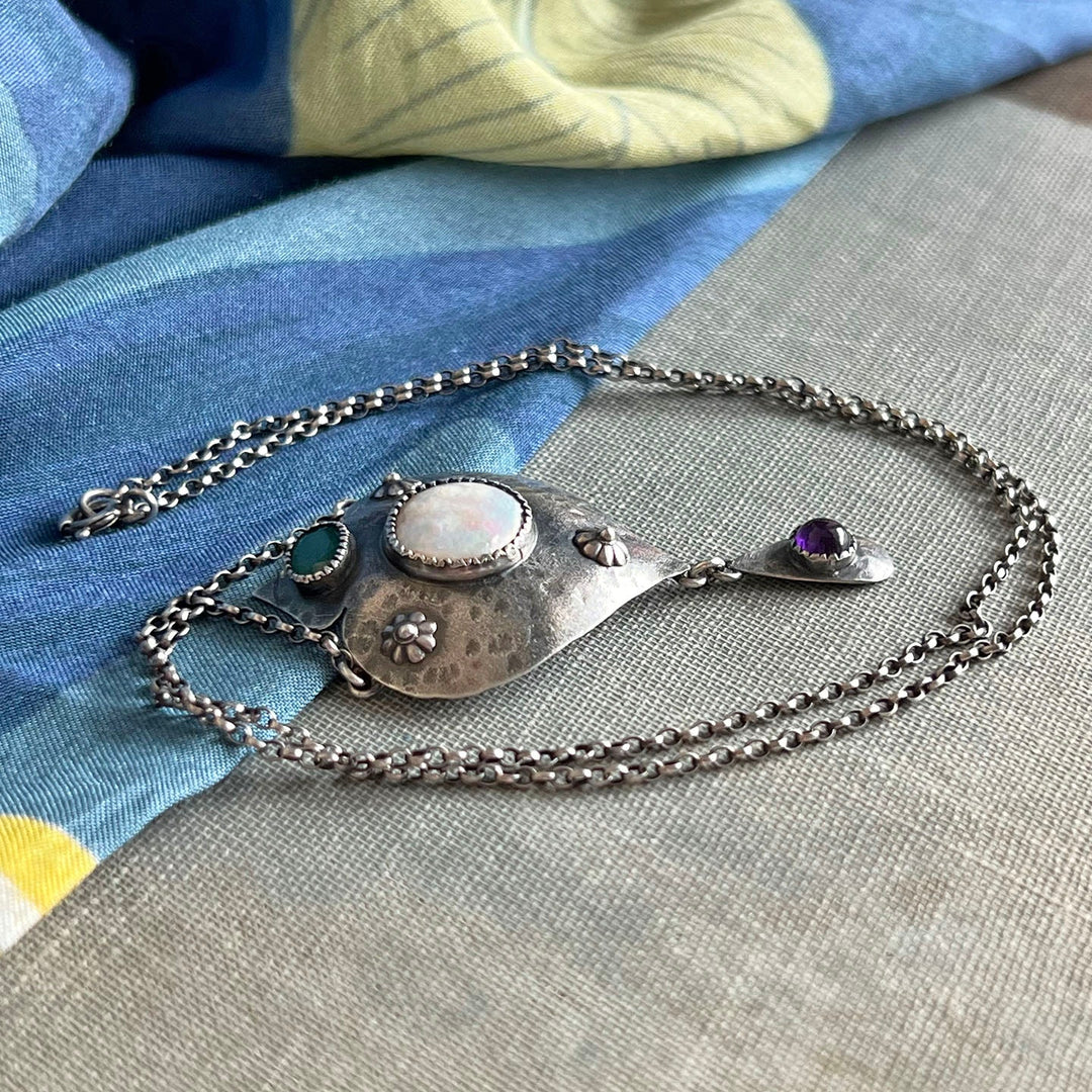 Antique Edwardian Suffragette Drop Necklace Silver Emerald Amethyst & Mother of Pearl, c.1910