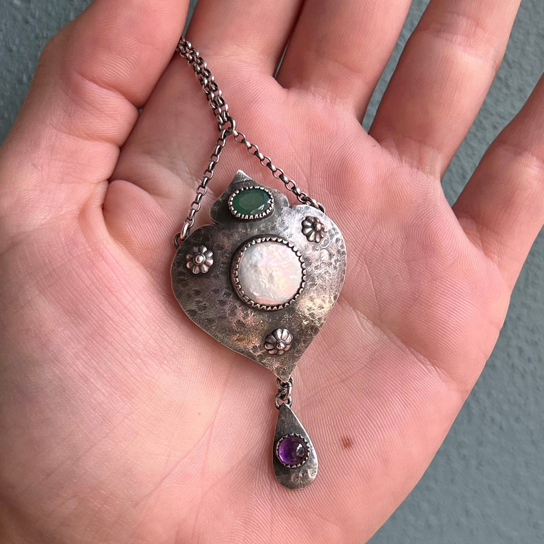Antique Edwardian Suffragette Drop Necklace Silver Emerald Amethyst & Mother of Pearl, c.1910