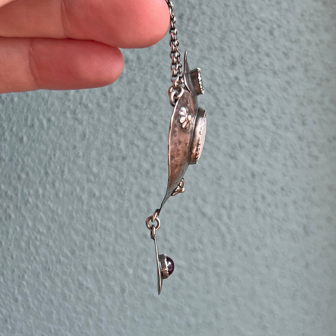 Antique Edwardian Suffragette Drop Necklace Silver Emerald Amethyst & Mother of Pearl, c.1910