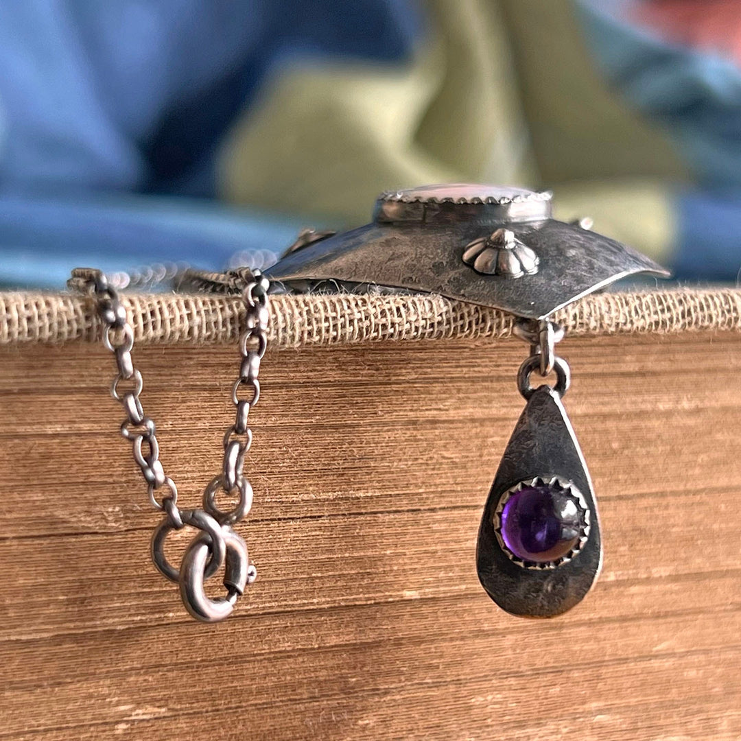 Antique Edwardian Suffragette Drop Necklace Silver Emerald Amethyst & Mother of Pearl, c.1910