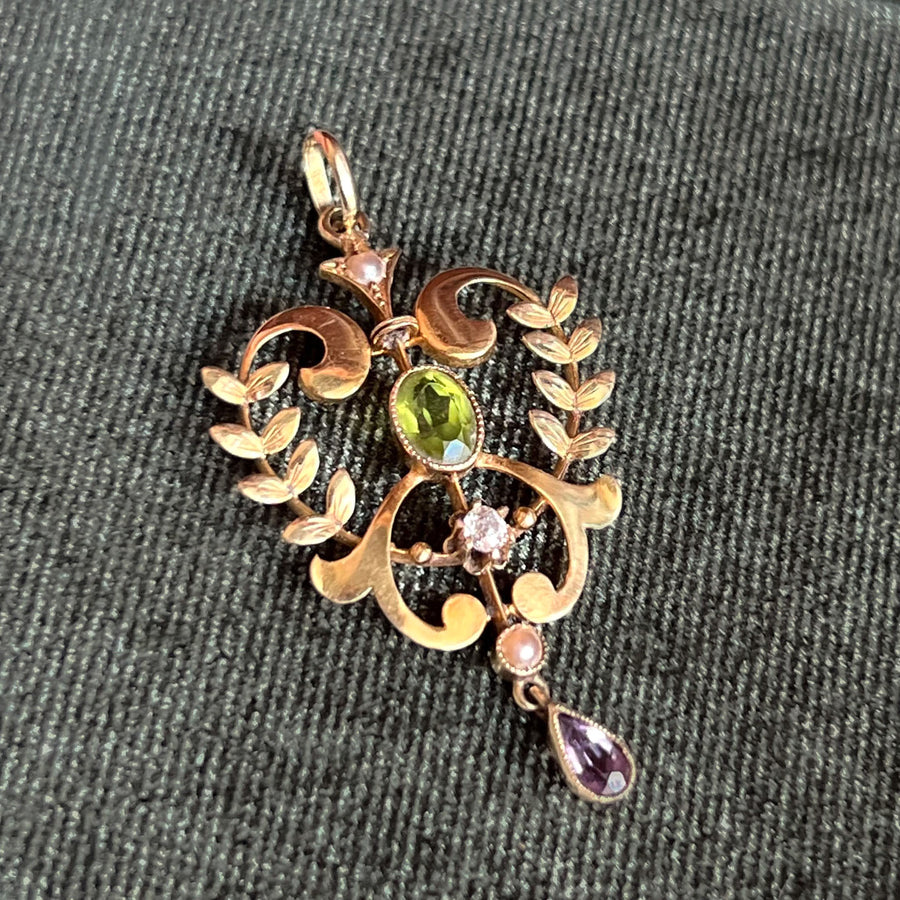 Antique Edwardian Suffragette Pendant Peridot, Amethyst, Pearl & Diamond, c. 1900