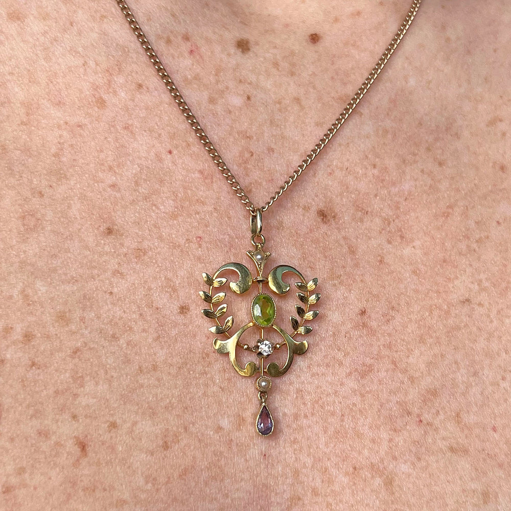 Antique Edwardian Suffragette Pendant Peridot, Amethyst, Pearl & Diamond, c. 1900
