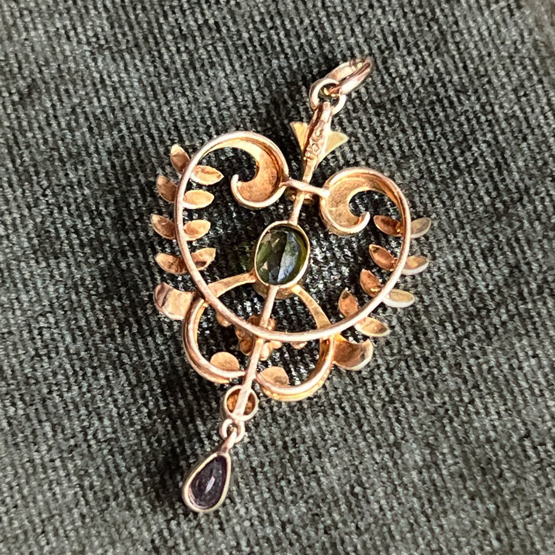 Antique Edwardian Suffragette Pendant Peridot, Amethyst, Pearl & Diamond, c. 1900
