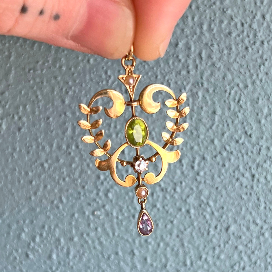 Antique Edwardian Suffragette Pendant Peridot, Amethyst, Pearl & Diamond, c. 1900