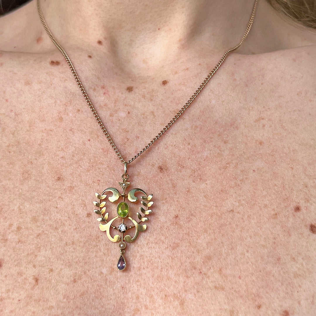 Antique Edwardian Suffragette Pendant Peridot, Amethyst, Pearl & Diamond, c. 1900