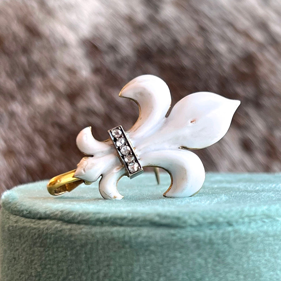 Antique French 18k Gold Fleur-de-Lis Brooch Watch Hanger Pin White Enamel Rose-Cut Diamonds, c. 1870
