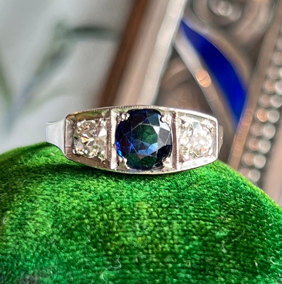 Antique French Art Deco Sapphire Diamond Ring Engagement Ring