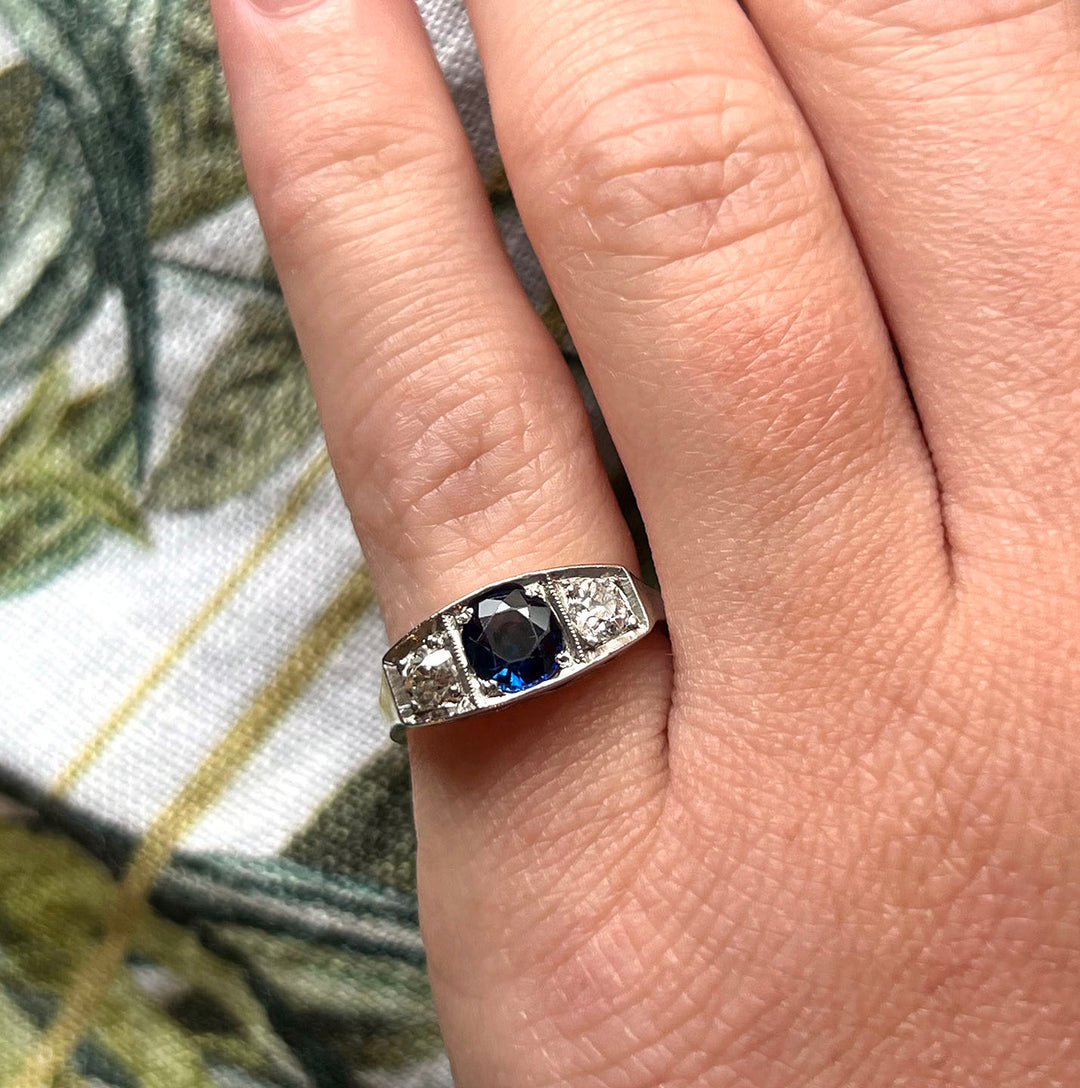 Antique French Art Deco Sapphire Diamond Ring Engagement Ring