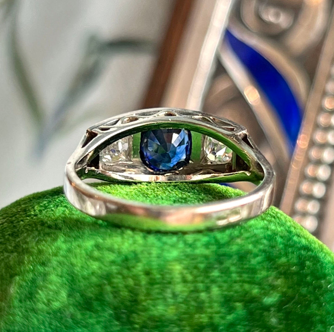 Antique French Art Deco Sapphire Diamond Ring Engagement Ring