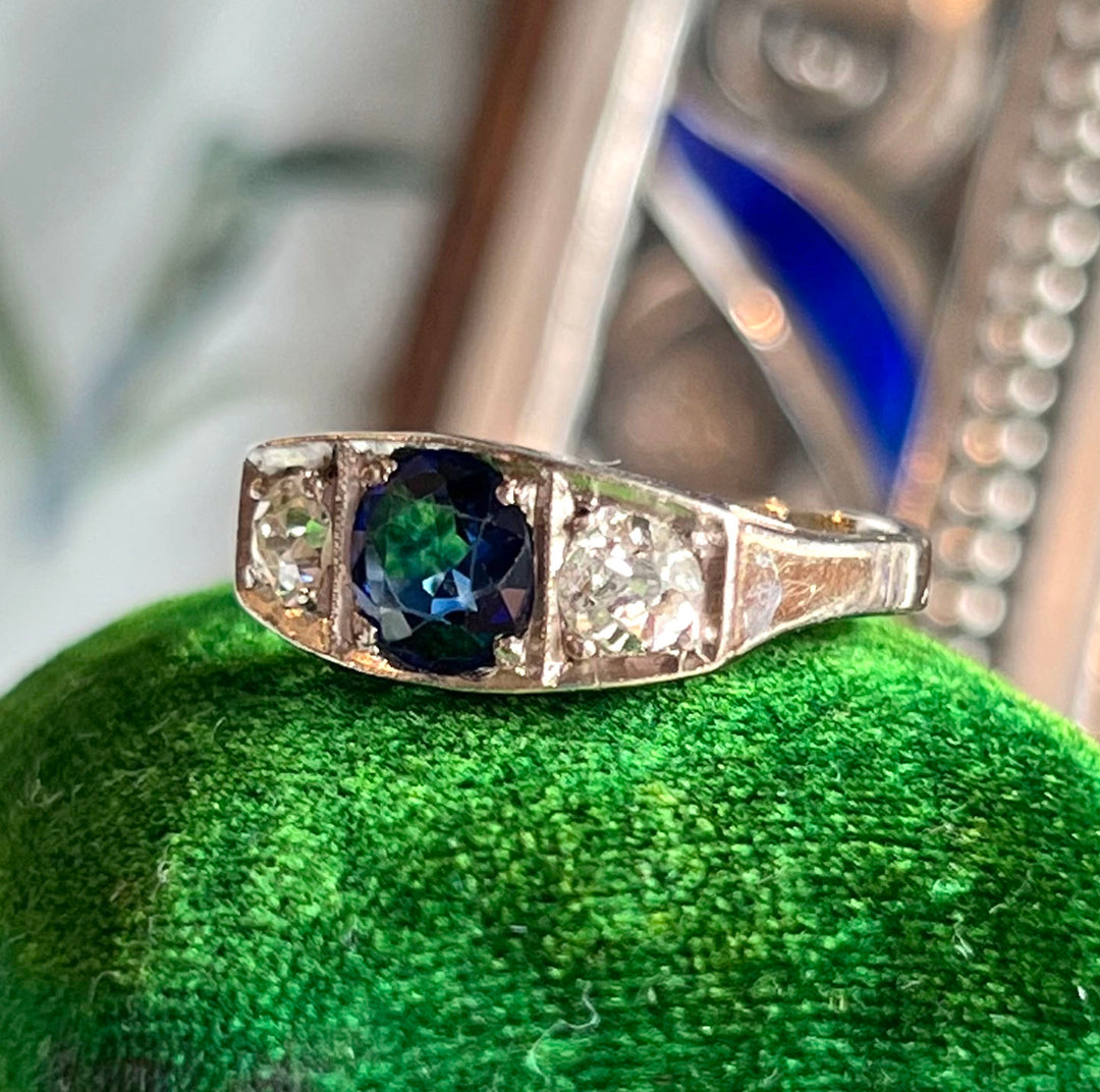 Antique French Art Deco Sapphire Diamond Ring Engagement Ring