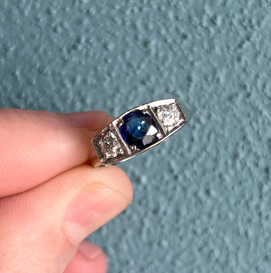Antique French Art Deco Sapphire Diamond Ring Engagement Ring