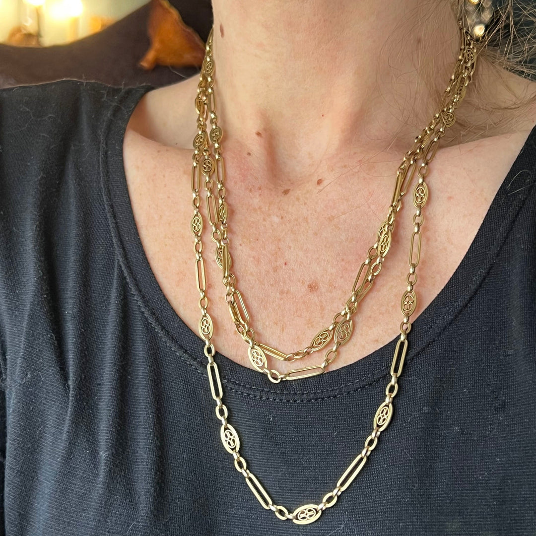 Antique French 18k gold long link chain necklace c1890