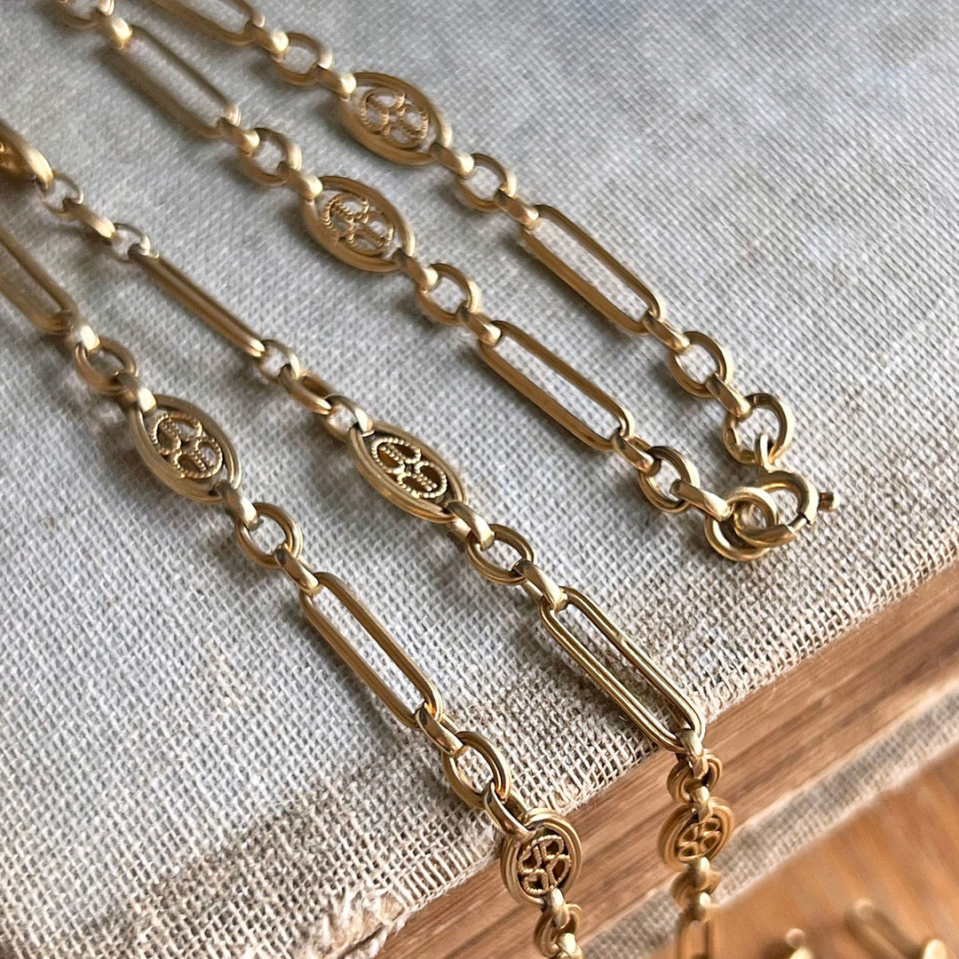 Antique French 18k gold long link chain necklace c1890