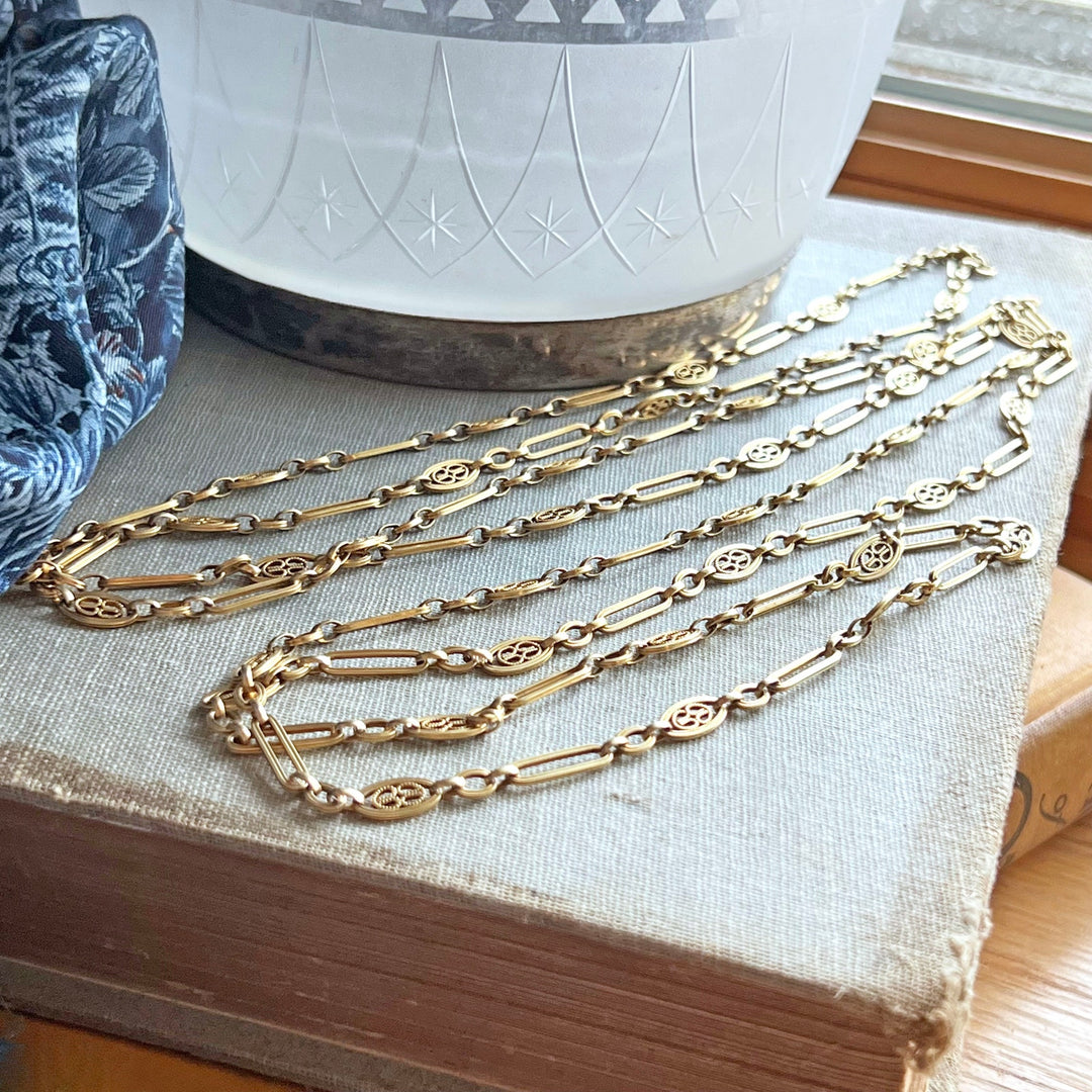 French gold chain necklace long link design Belle Epoque