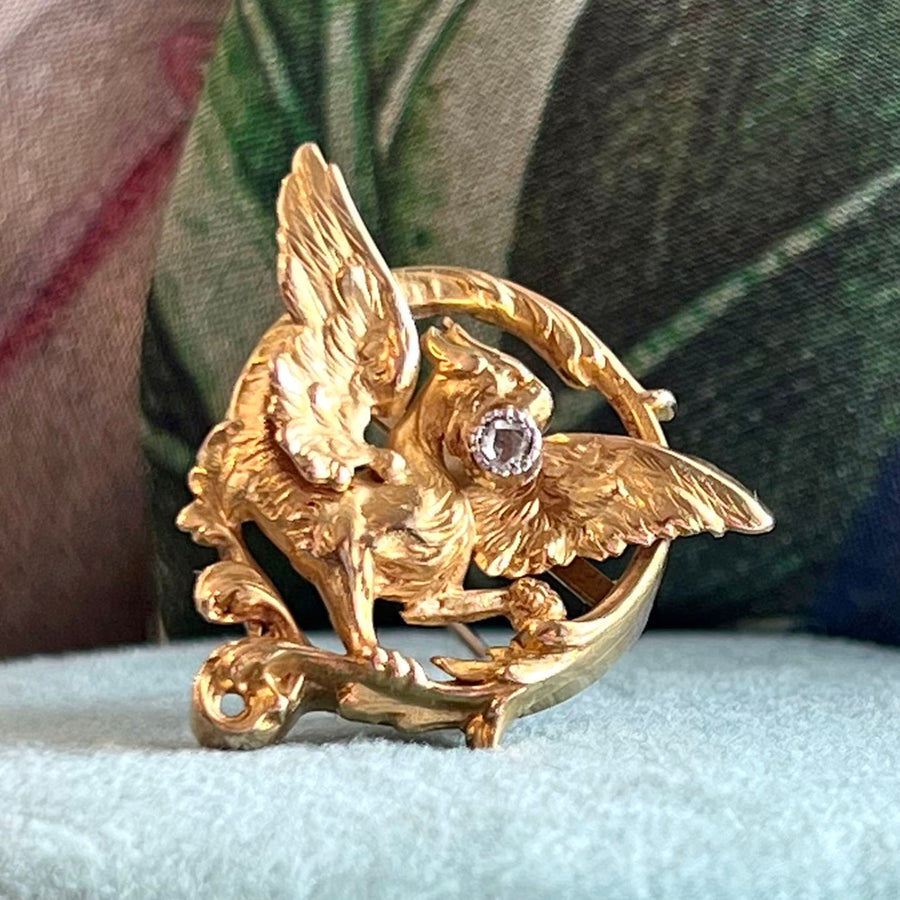 Antique French Griffin Brooch Gold Rose Cut Diamond, c.1890