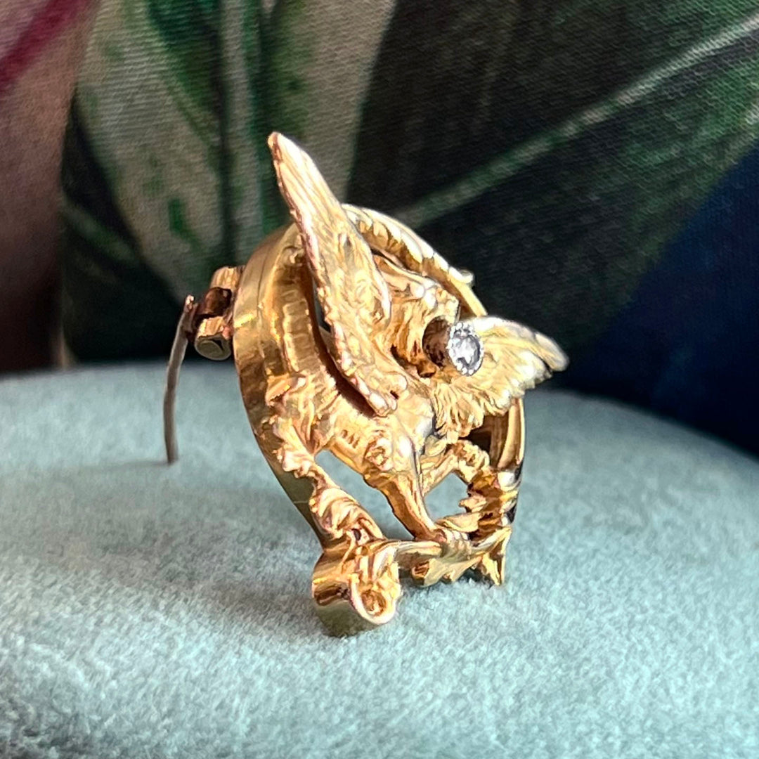 Antique French Griffin Brooch Gold Rose Cut Diamond, c.1890