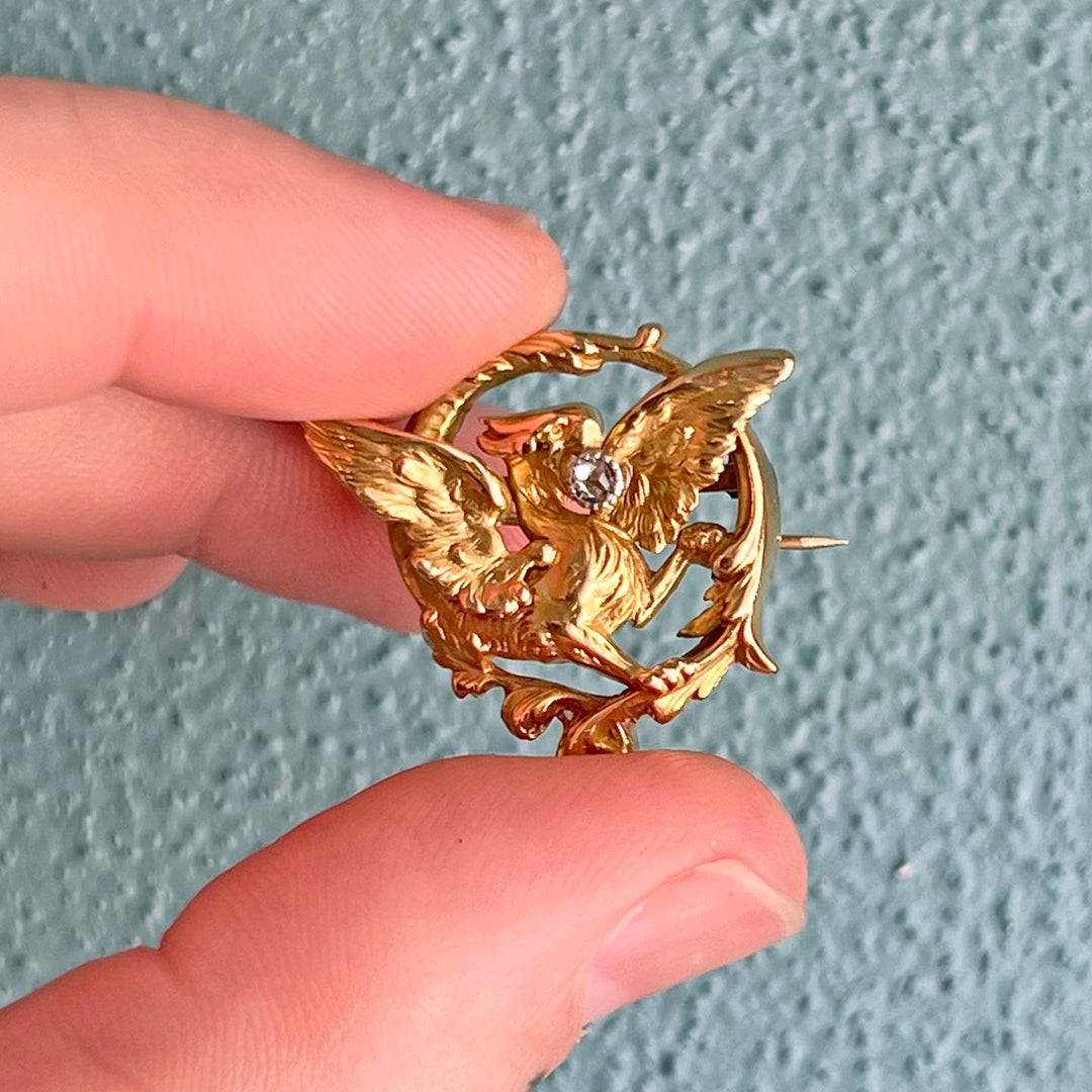 Antique French Griffin Brooch Gold Rose Cut Diamond, c.1890